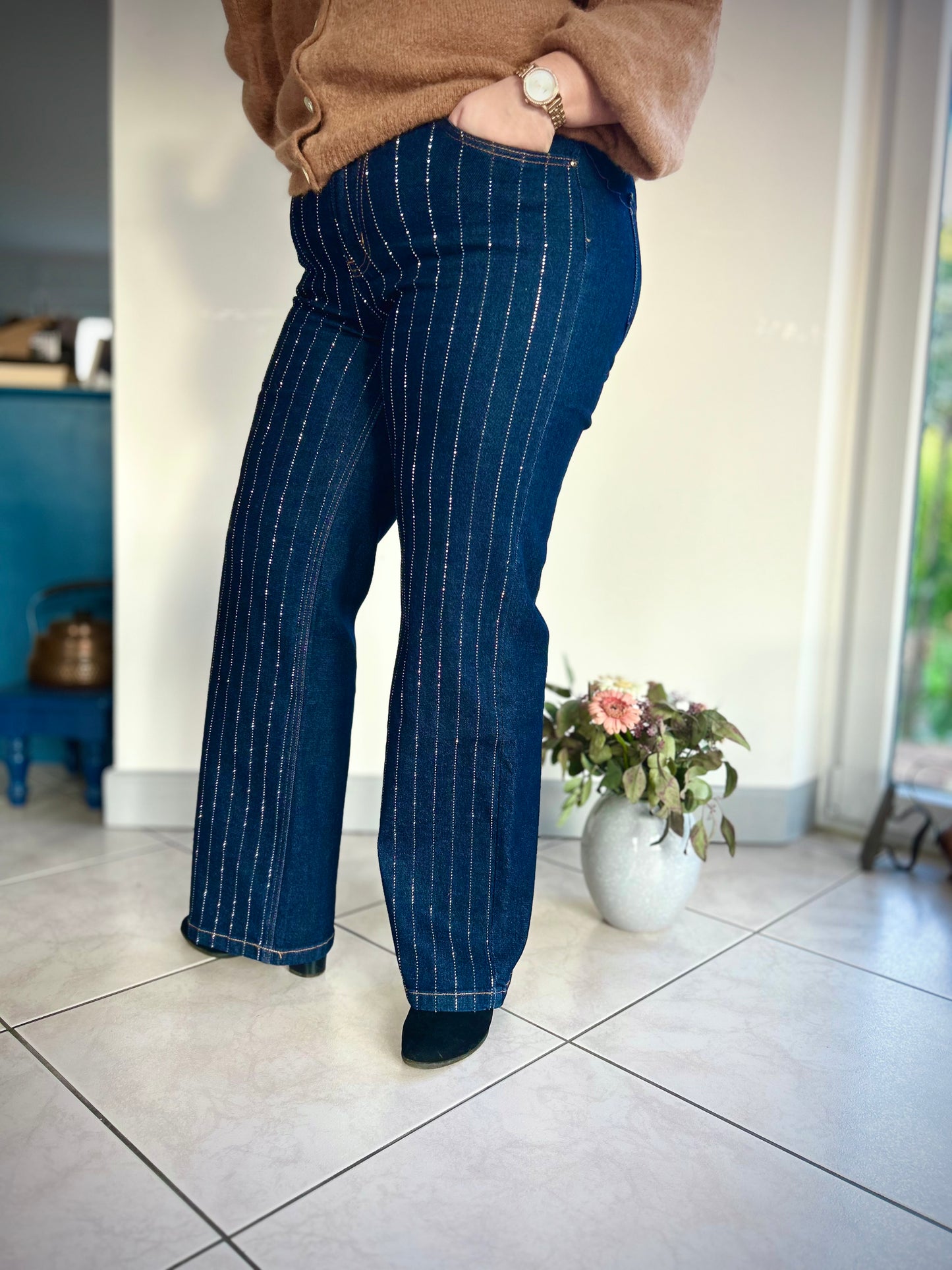 Jeans bleu à strass